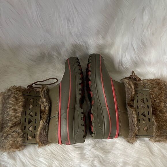 KHOMBU snow boots leather & rubber olive green and orange with faux fur SZ8M - Picture 5 of 10